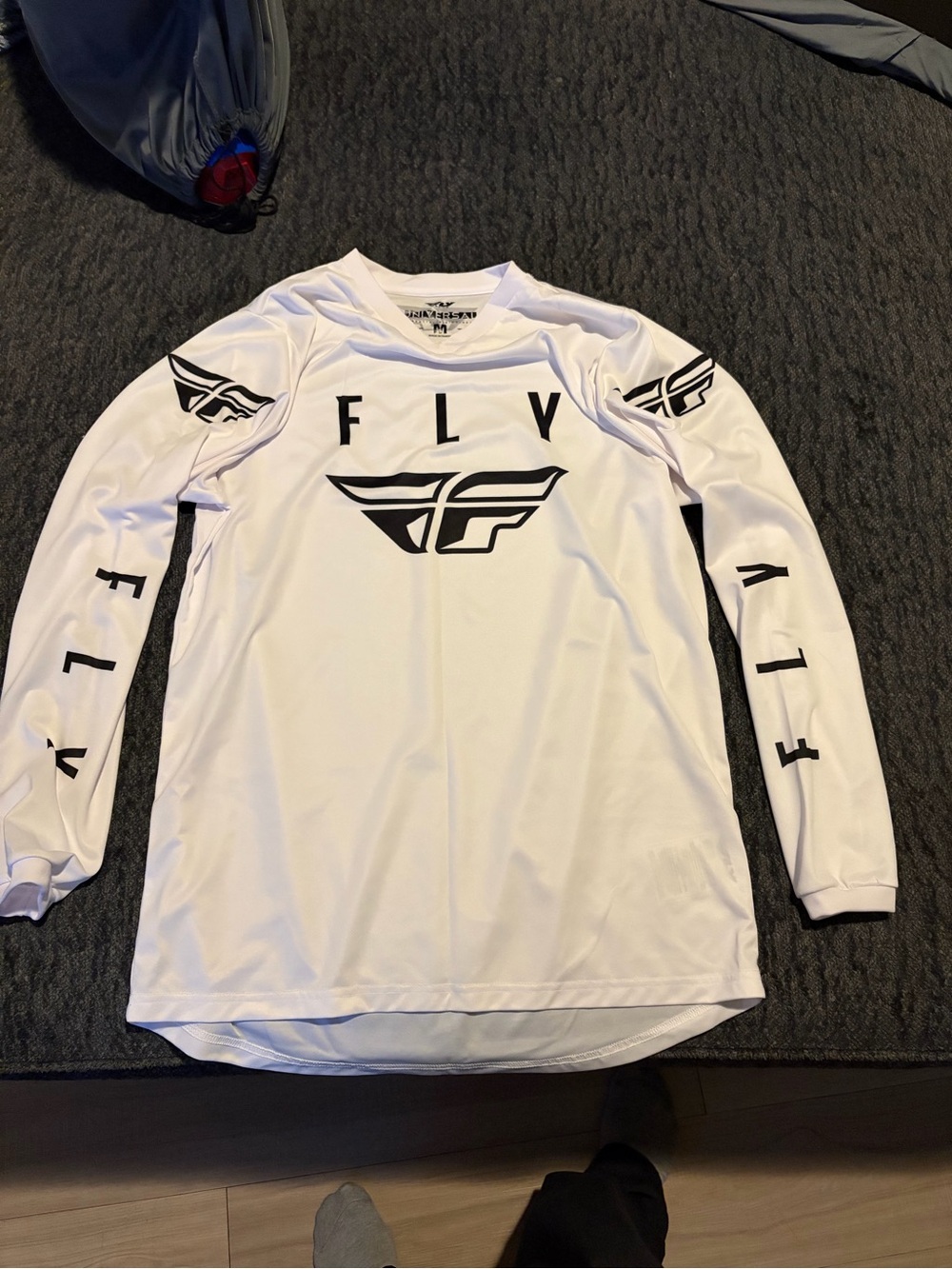 Fly Racing White Long-Sleeve Men's Jersey with Black Logos